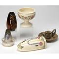 Weller five pieces eocean bud vase glossy art nouveau bud vase pearl 7 12 wall pocket klyro chamberstick and a tupelo footed bowl