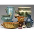 Roseville  fulper etc roseville wincraft 14 vase corinthian planter brown clematis bowl brown freesia vase carnelian i vase jugtown blue vase fulper tearshaped vase and mushroom flower frog