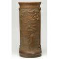 Peters  reed tall and unusual moss aztec umbrella stand with medieval decoration unmarked 21 12 x 9 dia