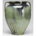 Zanesville large twohandled vase covered in green and mahogany flambe glaze unmarked 14 14