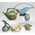 Roseville six pieces blue wincraft basket green snowberry teapot and sugar bowl donatello bowl blue white rose vase green peony ewer one unmarked