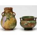 Roseville two pieces brown wisteria vase and green fuchsia jardiniere vase 6 12