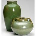 Fulper two vases covered in bright green or green crystalline glaze both marked taller 11 34