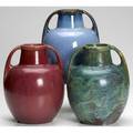 Fulper three bulbous twohandled vases covered in famille rose chinese blue or mottled green glaze all marked 7 12