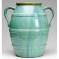 Fulper barrelshaped vase covered in a turquoise crystalline glaze chips and spiderline to base horizontal mark 17