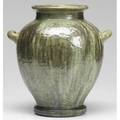 Fulper urn with hammered texture covered in leopard skin crystalline glaze vertical mark 12 x 11 12