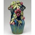 Style of teplitz iridescent vase with applied cherry leaf and vine decoration probably austrian 15