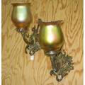Arts  crafts lighting pair of brass sconces with matching quezal shades signed 10