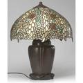 Handel large table lamp with reproduction floral shade of caramel rust and green slag glass on a handel base 23 overall