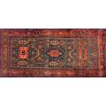 Kurdbijar area rug with geometric pattern and arabic writing in cinnabar and jade green ca 1970 4 x 73