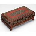 Asian wooden inkstand with six interior trays on four feet painted red with gilded foliate design 5 14 x 13 14 x 8 12