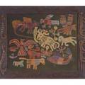 South american tapestries five pieces all framed with colorful and stylized animal designs largest 35 x 41 12 including frame