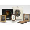 Portrait miniatures five paintings bearded gentleman painted on ivory bearded gentleman in red beret oil on board two daguerrotype images and a small oval silhouette largest 4 x 4 34