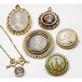 Gold portrait jewelry six pieces include 14k and limoges enamel bow necklace limoges enamel and pearl pendant scenic enamel brooch with woman and dog miniature on ivory with pearls two gemset min