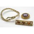 Victorian or victorian style jewelry 18k serpent bracelet with emeralds and 15 ct diamonds c 1960 14k bar brooch with pearls and orange gems c 1910 14k brooch with amethyst inscribed and dat