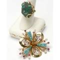 Gold brooch and ring with gemstones 14k yg trefoil brooch set with citrine turquoise rubies diamonds and seed pearls ca 1940 freeform matrix turquoise ring 393 gs brooch 2 ring size 7 1