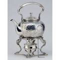 Tiffany  co late tiffany young  ellis silver tea kettle on stand with burner ca 1856 bulbous body chased with floral and scroll decorations on lattice ground with vacant cartouches and chased s