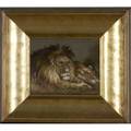 Japanese needlework pair of lions in gilded shadow box frame 19th c 6 12 x 7 12