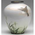 Japanese cloisonne vase with bird decoration artist signature at base hairlines near rim 9 12