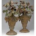 Italian rococo decorative carved wooden urns with polychrome tin flowers traces of original silver gilding still visible possibly 18th c 25