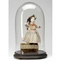 Automaton doll with bisque head mounted on velvet box probably french under glass dome doll 13