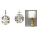 Modern lighting lot consisting of two filigree ball lamps and a carved wood table lamp filigree lamp 14 12 dia