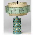 Modern blue ceramic lamp with gilded dots and stitched drum shade 25 12 x 20