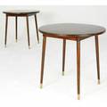 Modern pair of lacquered wood occasional tables with brasscapped feet 31 x 32 dia