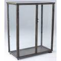 Modern large patinated metal and glass display case on casters 50 x 41 x 20