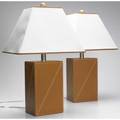 Modern pair of tan leather table lamps with white linen shades each 23 x 14 12 x 9