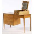 Paul mccobb single pedestal desk together with fliptop mirrored vanity in maple each with planner group foil tag 29 x 48 x 18 14