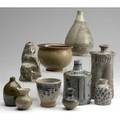 Studio pottery ten pieces including gourd and bottle shapes signed and unsigned vases etc tallest 8 12