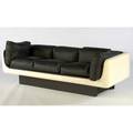 Steelcase sofa with black leather upholstery on molded white fiberglass frame mismatched arm cushions original lucite base replaced with black base 25 x 85 x 35