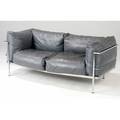 Style of le corbusier tubular chromed steel sofa with gray leather cushions 27 x 68 x 28