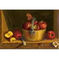 Sondra lipton american 20th c three works of art apples in old brass pot oil on board framed signed 4 x 6 sight cyclamen and primroses in clay pots oil on board framed signed 4 12