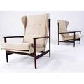 Danish pair of teak wingback chairs upholstered in cream chenille danish control tags 39 x 34 x 30