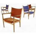 Hans wegner  johannes hansen  knoll set of four oak armchairs with violet and burnt umber cushions one with knoll international label 32 12 x 27 12 x 22