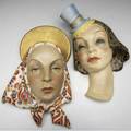 Helen konig scavini  lenci pair of testa madonna fiamminga ceramic wallhanging masks painted in polychrome signed lenci made in italy one marked with treble cleff sign the other 7 xii m each a