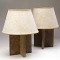 French pair of table lamps with parchment shades over oak cruciform bases bears stamp 17 34 x 14