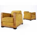 Italian art deco pair of burlwood lounge chairs upholstered in ochre suede 29 x 28 x 34
