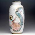 Michael and magdelena frimkess tall stoneware jar covered in white volcanic glaze with dragons in polychrome 18 x 8