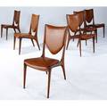 Vladimir kagan  dreyfuss set of six shieldback dining chairs with mottled amber vinyl upholstery on sculpted walnut frames vladimir kagan factory tags 37 x 18 x 24