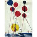 Alexander calder tapestry balloons in maguey fiber with abstract design in navy yellow red peach and black 1974 bon art tag signed with embroidered copyright ca 74 57100 6 x 8