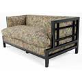 James mont settee with ebonized fretwork frame upholstered in patterned fabric 26 x 54 x 34