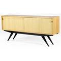 Florence knoll bleached maple credenza with two sliding grassfront doors enclosing interior shelves on ebonized base 32 x 72 x 16