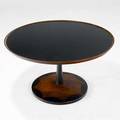 Milo baughman walnut occasional table with leathercovered top and painted pedestal base 20 x 36
