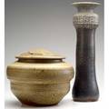 Karen karnes glazed stoneware large lidded vessel and tall chimneyshaped vase provenance the derek mason and daniel jacobs collection signed 11 x 12 12 and 19 12 x 6