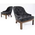 Modern pair of walnut slipper chairs upholstered in dark brown velvet 29 x 27 x 32