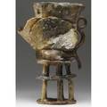Jim leedy abstract salt fired stoneware vessel on stilted base with applied slip and glazes 1966 signed leedy 15 x 10 x 6
