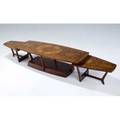 George nakashima  widdicomb exceptional coffee table with bookmatched burlwood veneer top on walnut base en suite with a pair of end tables stamped marks coffee table 14 12 x 54 x 20 each e